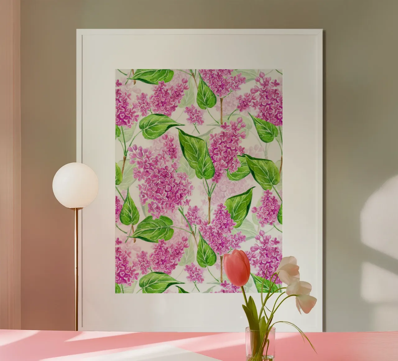 Violette fliederfarbene Blumen auf weißem Hintergrund Poster von Painted Nature