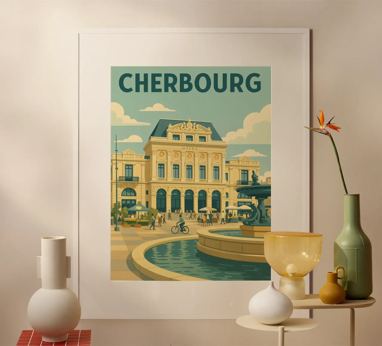 Cherbourg - Retro poster of the theatre and central square poster with plastic frame by PrintMoiUnTruc