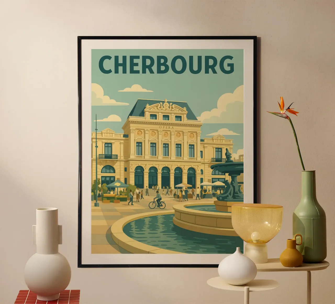 Cherbourg - Retro poster of the theatre and central square poster with plastic frame by PrintMoiUnTruc