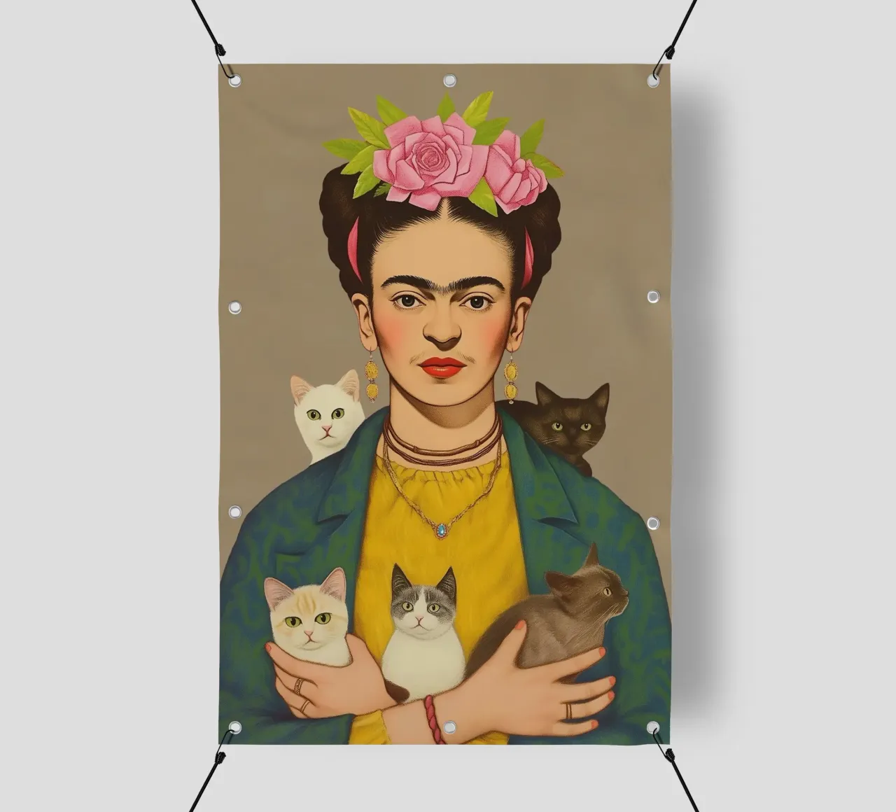 Frida kahlo, l'amore dei piccoli gatti telo in pvc da Carinaprint