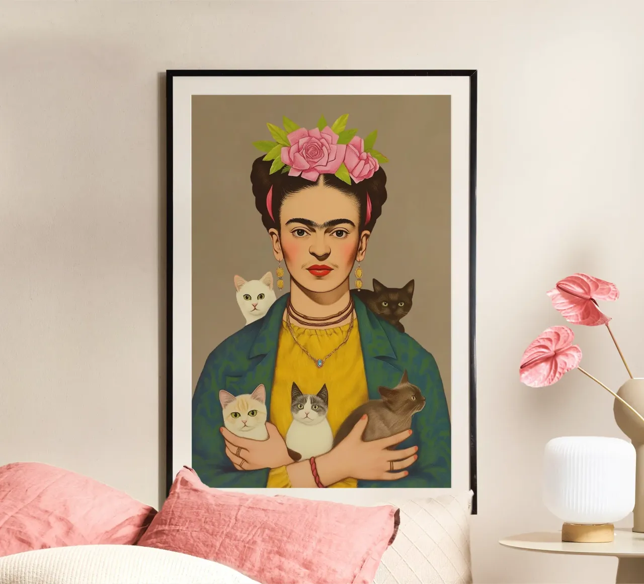 Frida kahlo, l'amore dei piccoli gatti poster con telaio in alluminio da Carinaprint