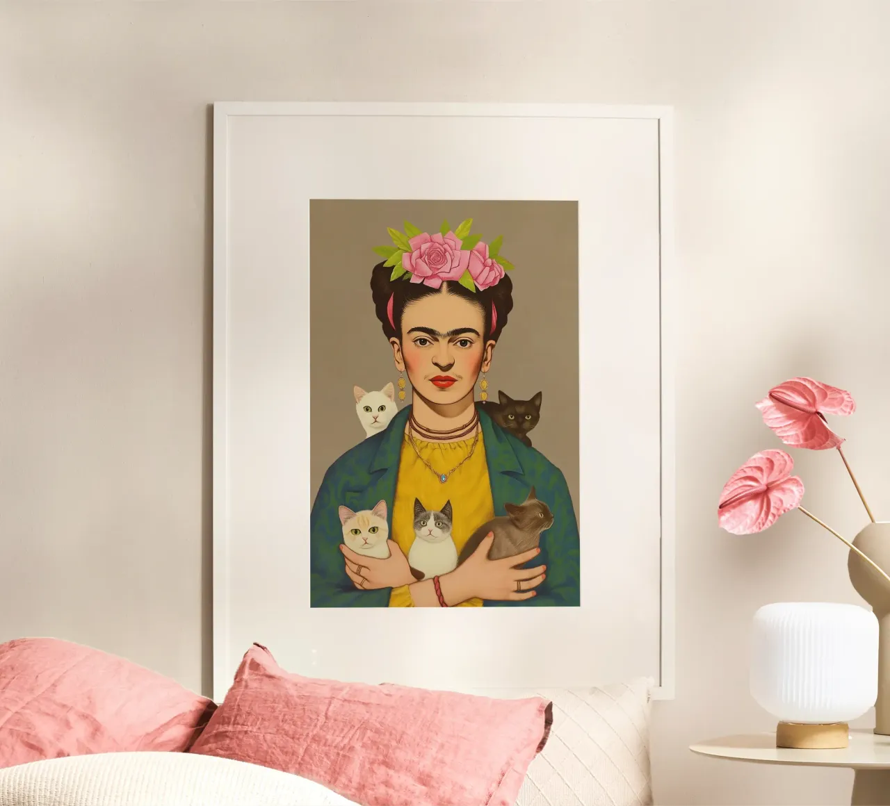 Frida kahlo, l'amore dei piccoli gatti poster con telaio in alluminio da Carinaprint