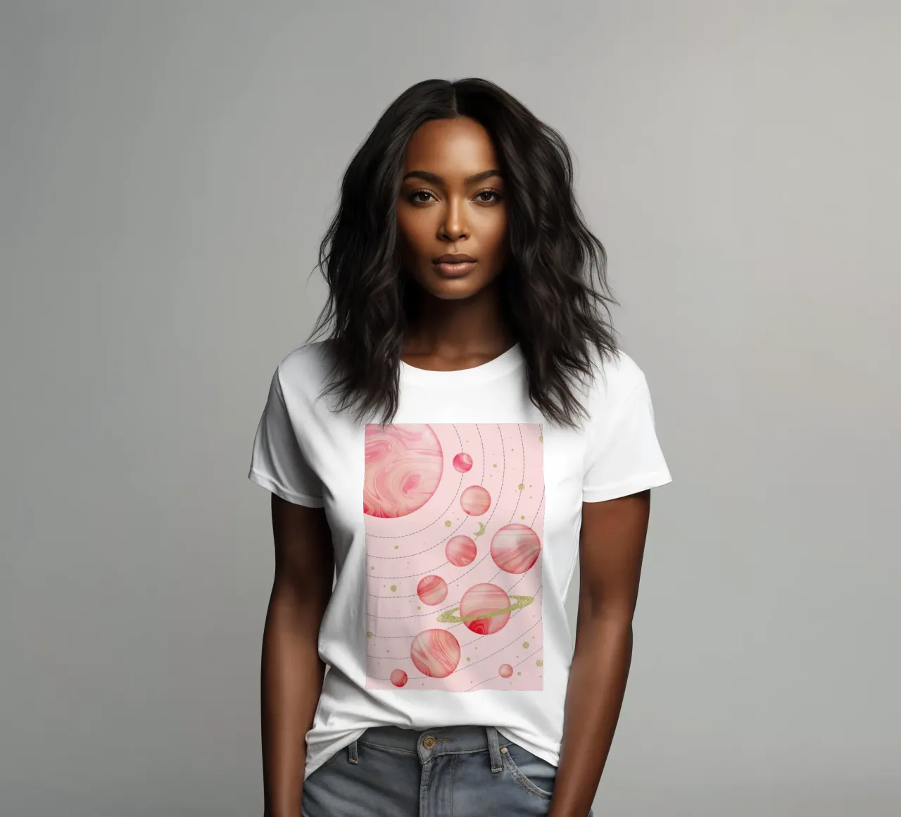 Pink Solar System women's fitted t-shirt by cafelab