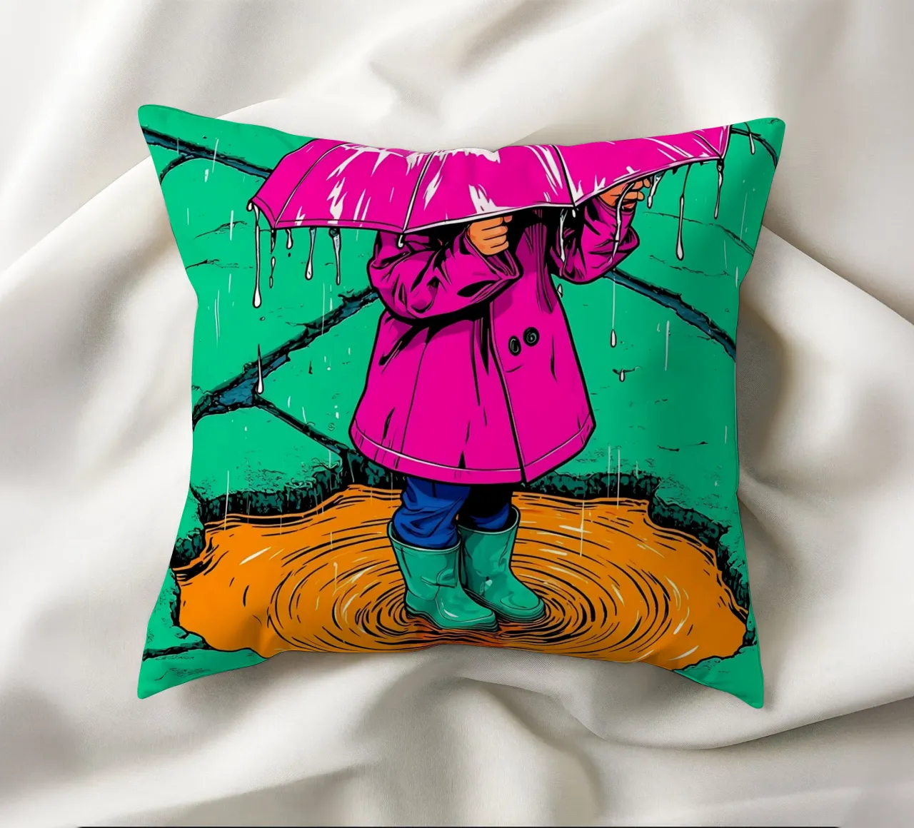 Child Under Umbrella - Pop Art decorative cushion by ColorCrash Gallery