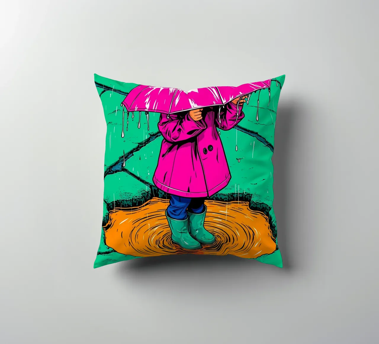 Child Under Umbrella - Pop Art decorative cushion by ColorCrash Gallery