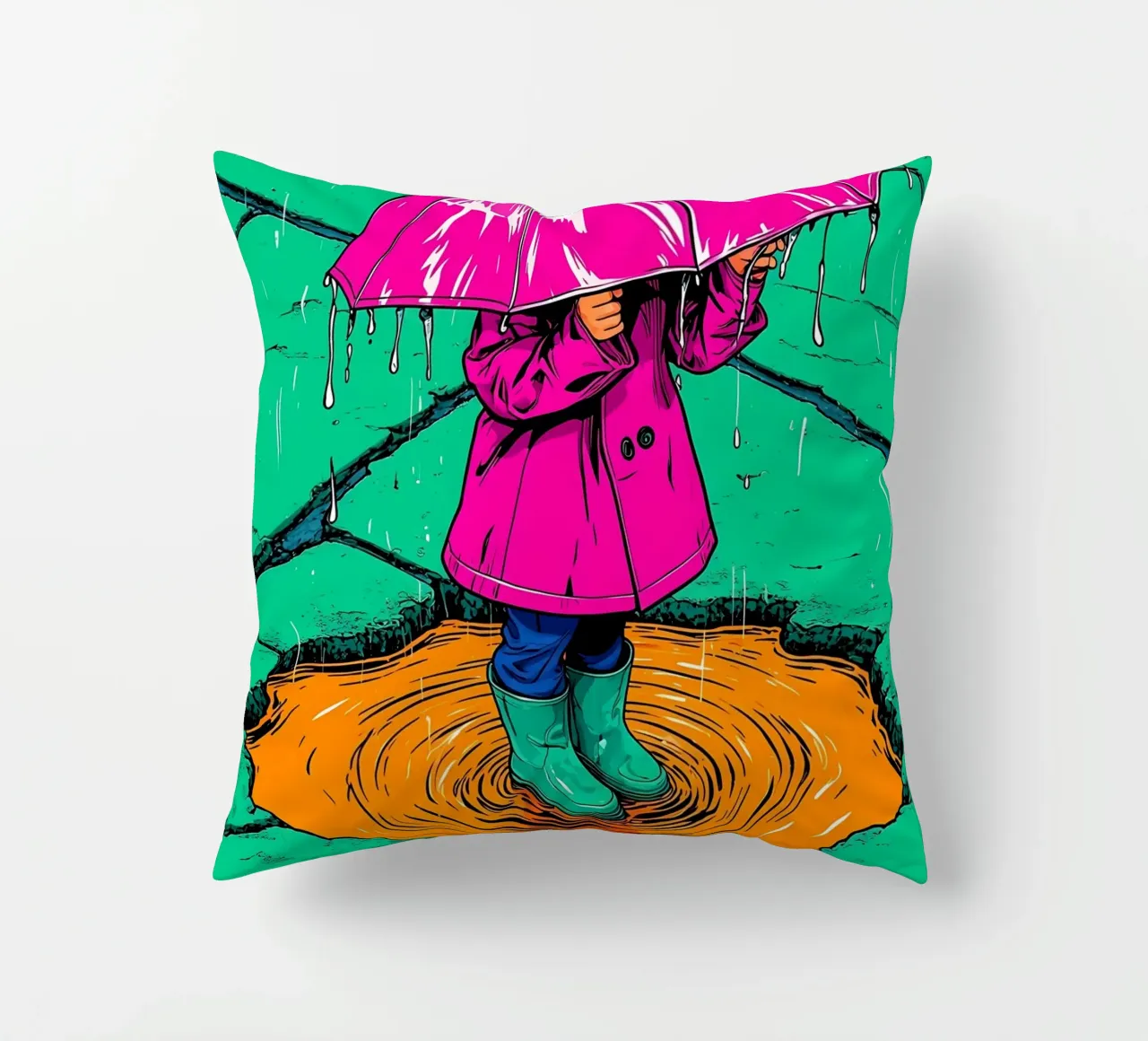 Child Under Umbrella - Pop Art decorative cushion by ColorCrash Gallery