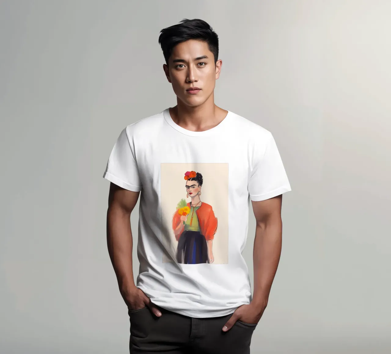 Bouquet di fiori con Frida t-shirt da Carinaprint