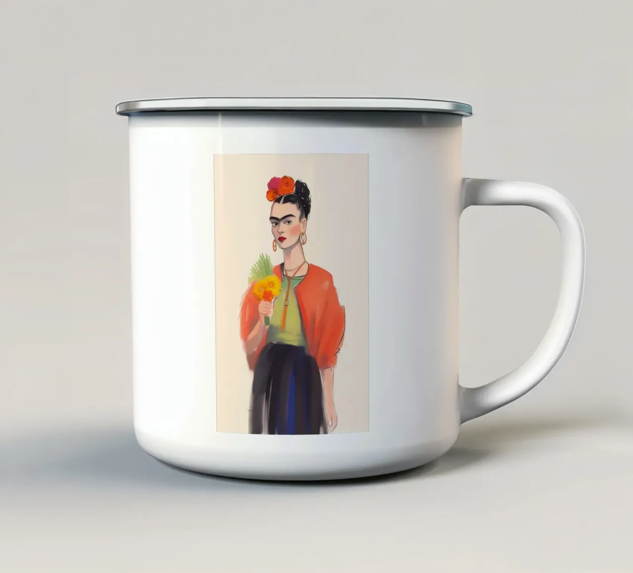 Bouquet di fiori con Frida tazza in smalto da Carinaprint