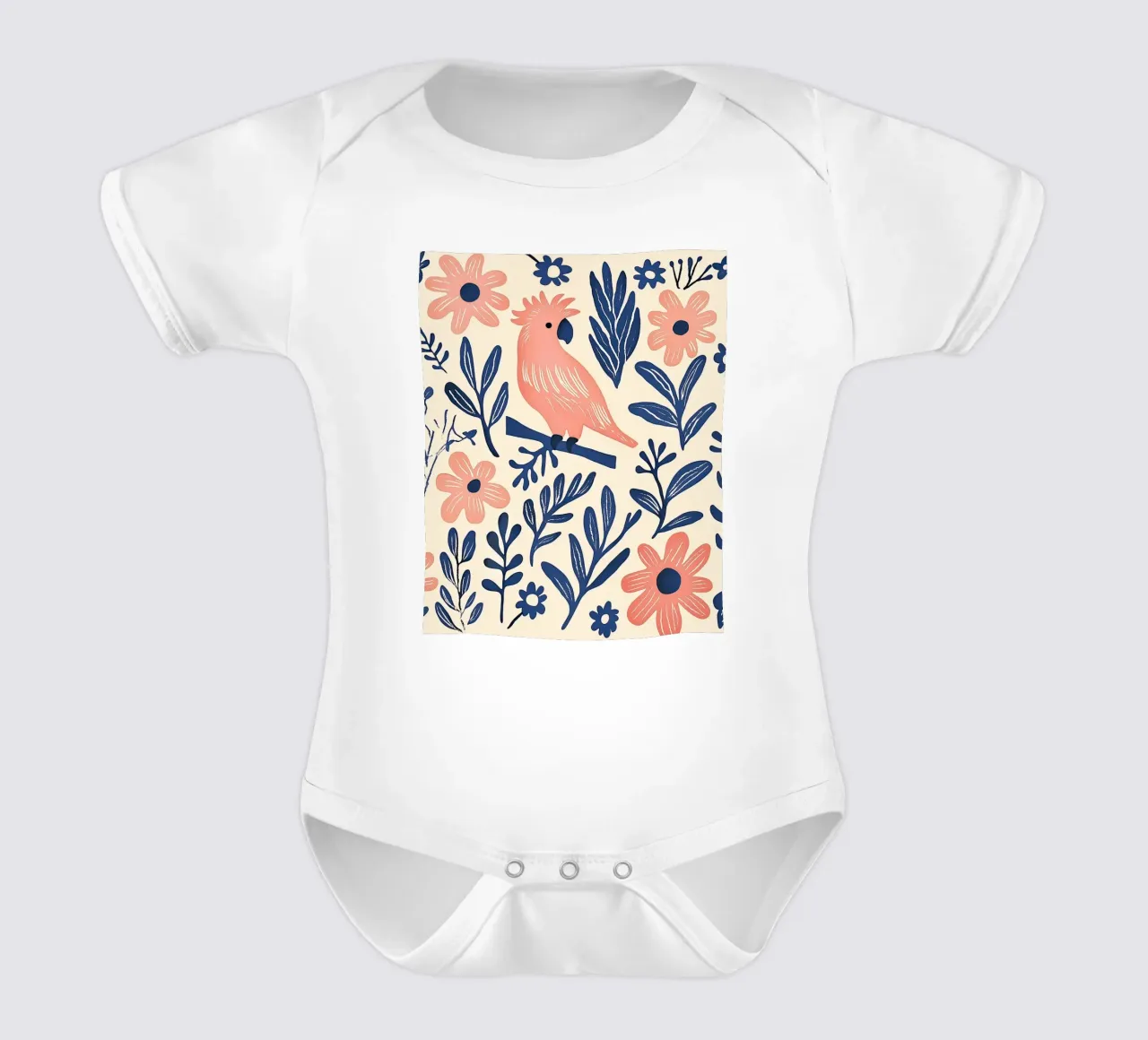 Cacatua rosa Pappagallo Vintage Botanico Animale Uccello Fiori body neonato maniche corte da Gentle Echoes Art