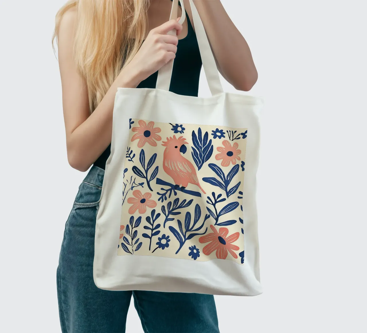 Cacatua rosa Pappagallo Vintage Botanico Animale Uccello Fiori borsa in juta da Gentle Echoes Art