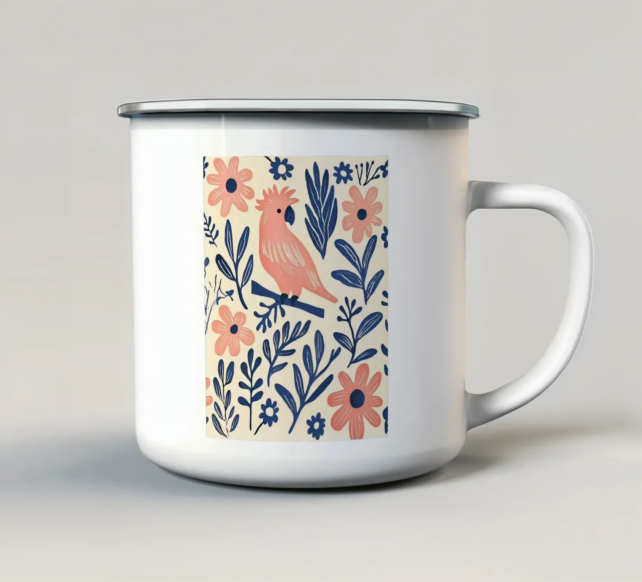 Cacatua rosa Pappagallo Vintage Botanico Animale Uccello Fiori tazza in smalto da Gentle Echoes Art