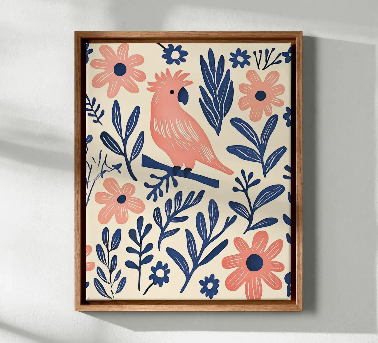 Cacatua rosa Pappagallo Vintage Botanico Animale Uccello Fiori tela con Cornice a cassetta da Gentle Echoes Art