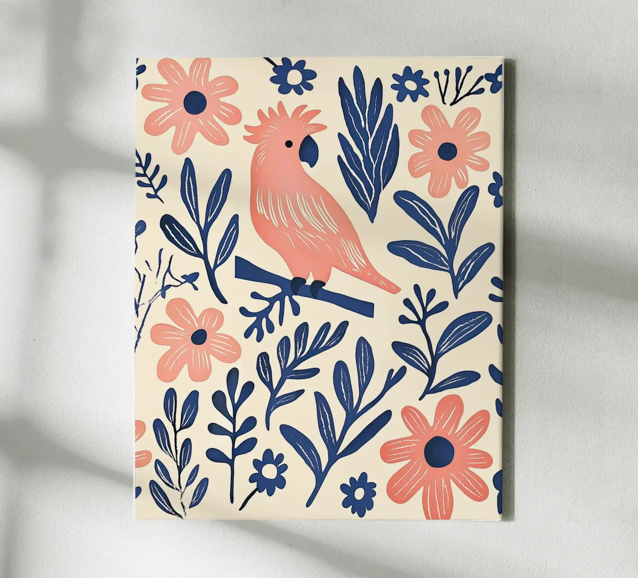 Cacatua rosa Pappagallo Vintage Botanico Animale Uccello Fiori tela con Cornice a cassetta da Gentle Echoes Art
