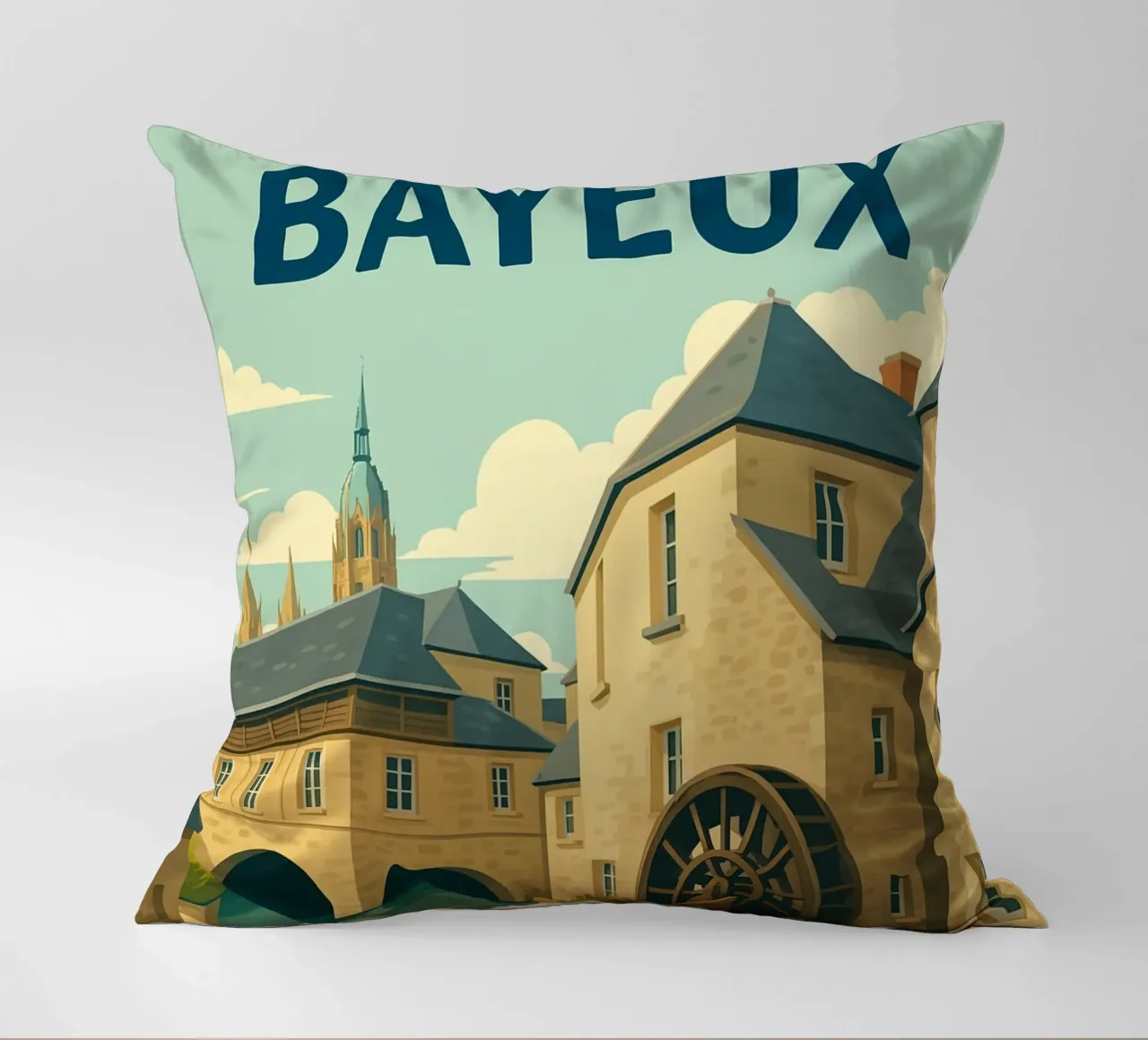 Bayeux - Poster retro del mulino e del centro storico cuscino da PrintMoiUnTruc