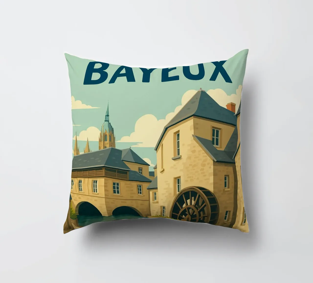Bayeux - Poster retro del mulino e del centro storico cuscino da PrintMoiUnTruc