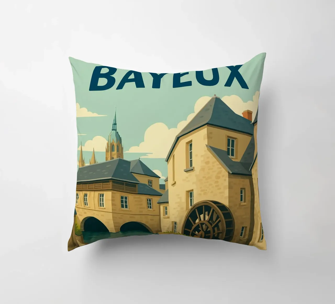 Bayeux - Poster retro del mulino e del centro storico cuscino da PrintMoiUnTruc