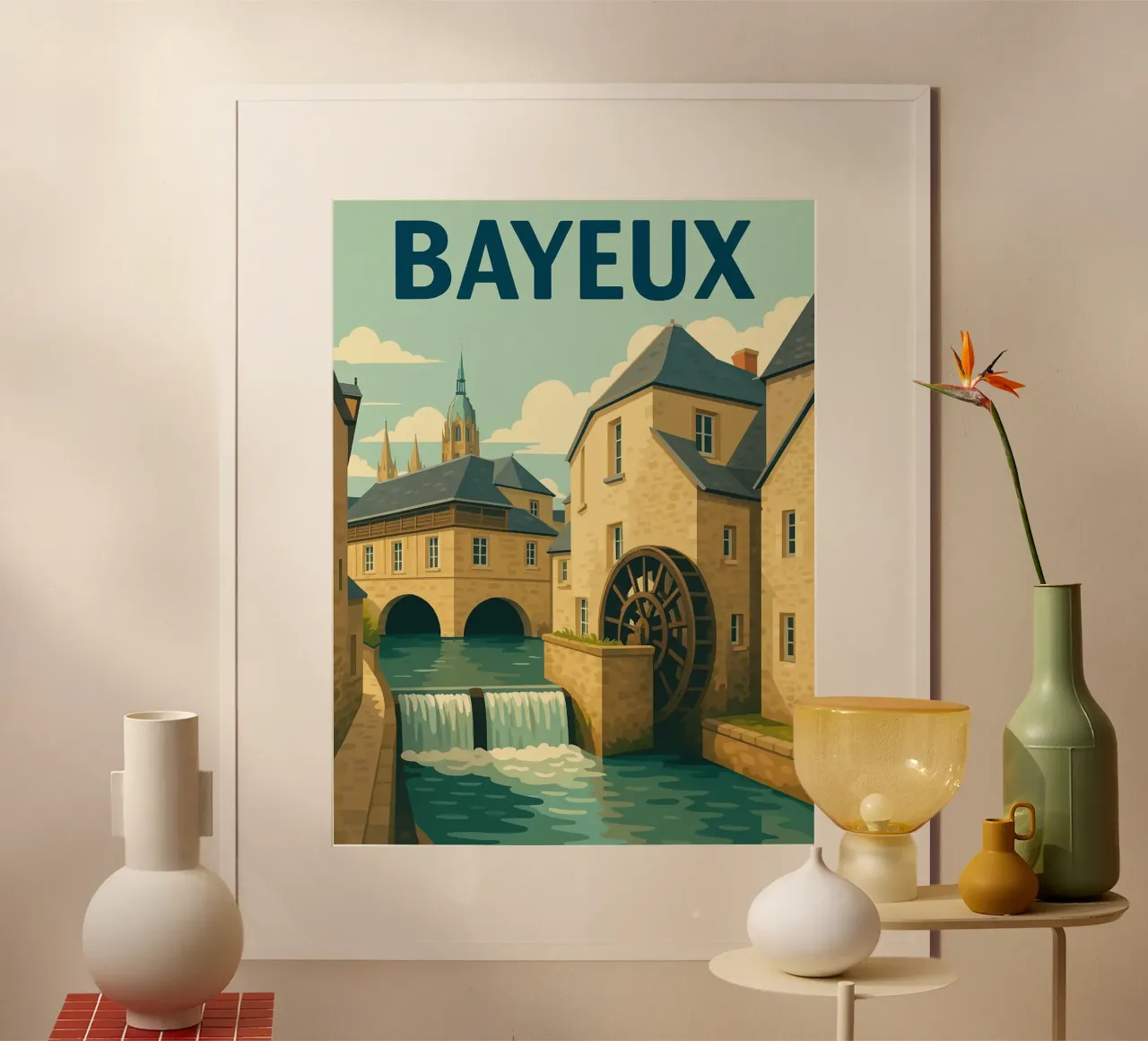 Bayeux - Retro poster of the mill and historic centre poster with plastic frame by PrintMoiUnTruc