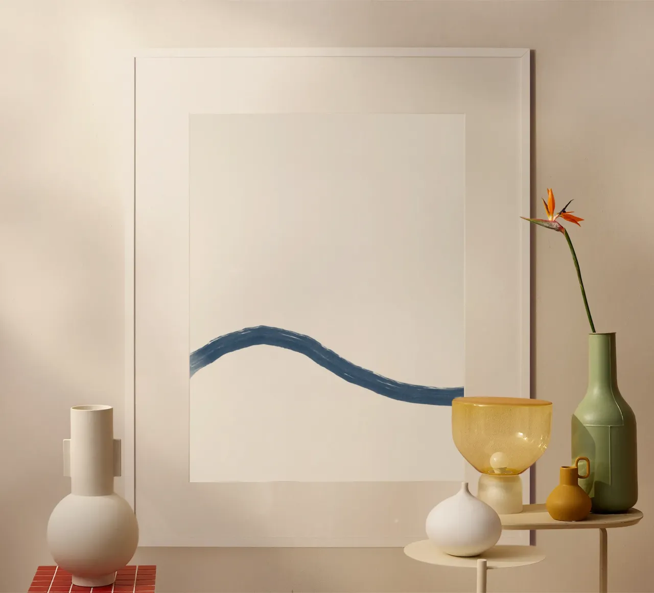 Astratto minimalista costiero Surf Wave crema blu (pt 1 di 2) poster con telaio in legno da This Wild Soul - Illustration