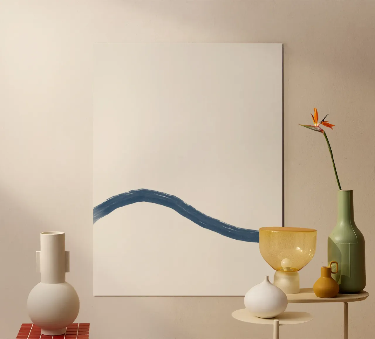 Astratto minimalista costiero Surf Wave crema blu (pt 1 di 2) poster con telaio in legno da This Wild Soul - Illustration