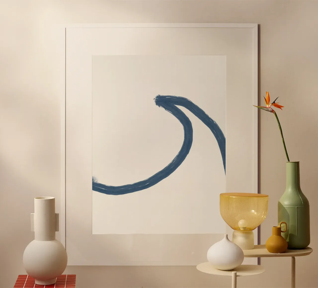 Linea astratta minimalista Blue Cream Surf Wave Coastal p2 poster con telaio in legno da This Wild Soul - Illustration