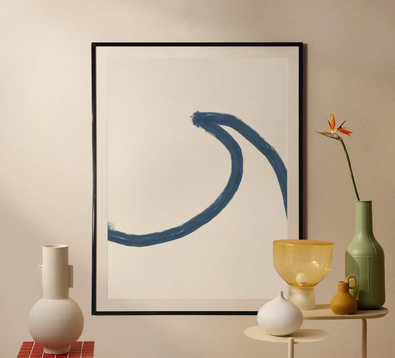 Linea astratta minimalista Blue Cream Surf Wave Coastal p2 poster con telaio in legno da This Wild Soul - Illustration