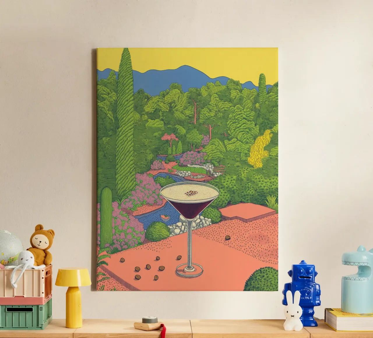 Espresso Martini - Botanischer Cocktail & Reisekaffeekunst Leinwand mit Schattenfugenrahmen von Kaji