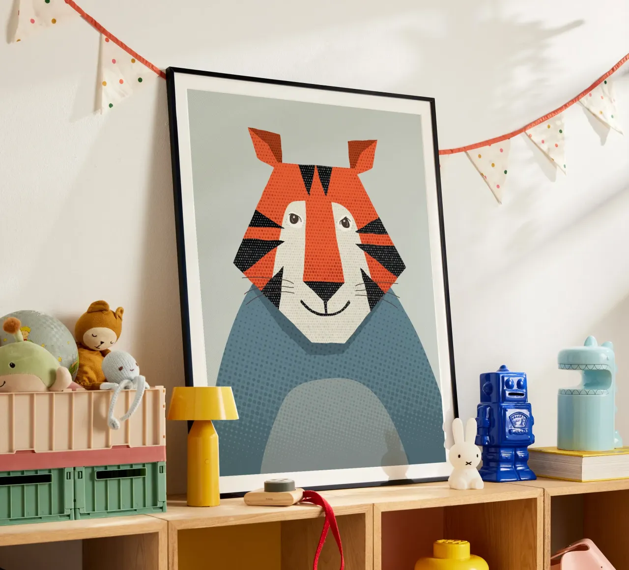 Whimsy Tiger, portrait animalier poster avec cadre en aluminium de The Printed Sparrow