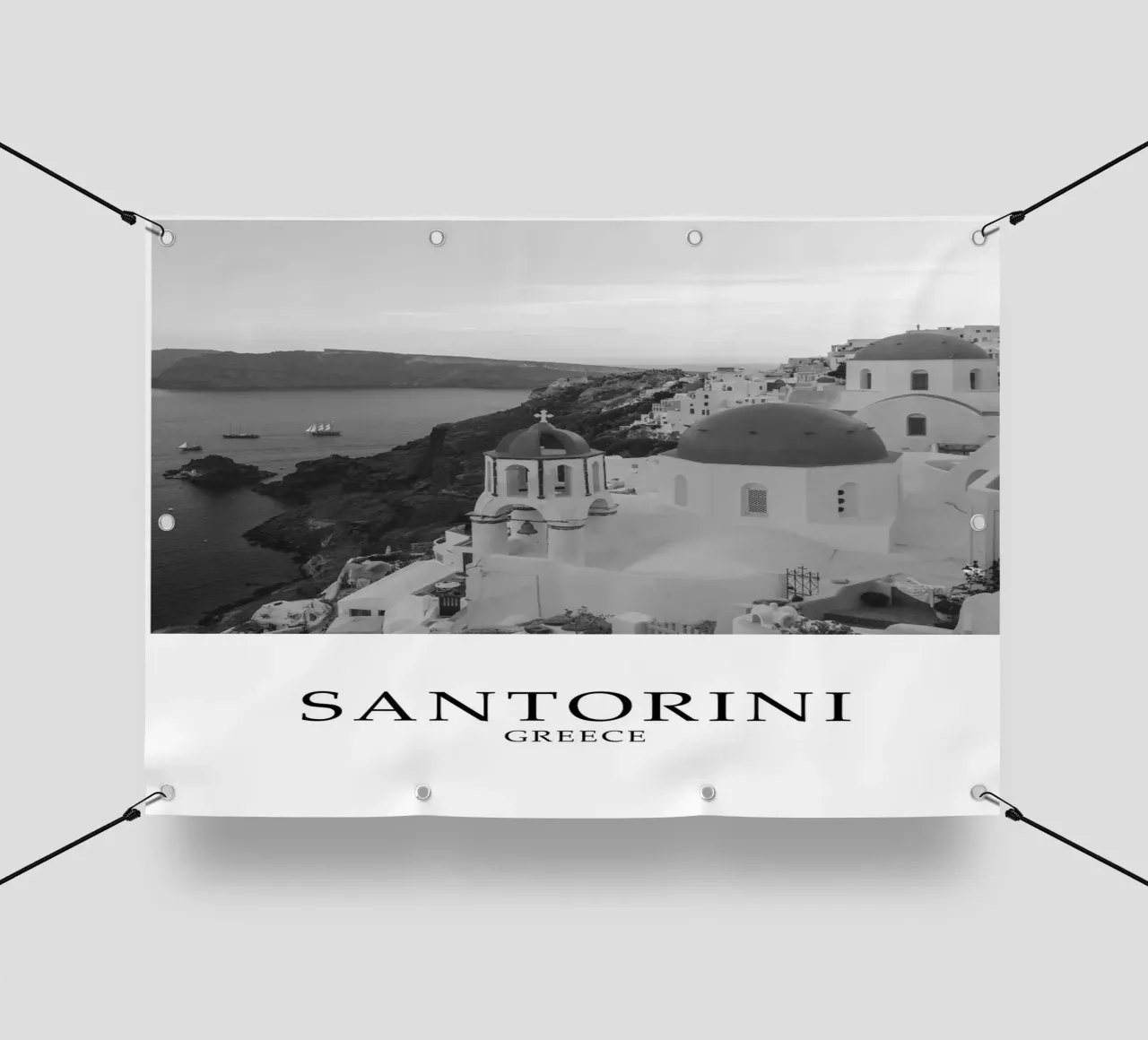 Santorini Greece Coastline Architecture Scene Greyscale telo in pvc da Charnwood Prints