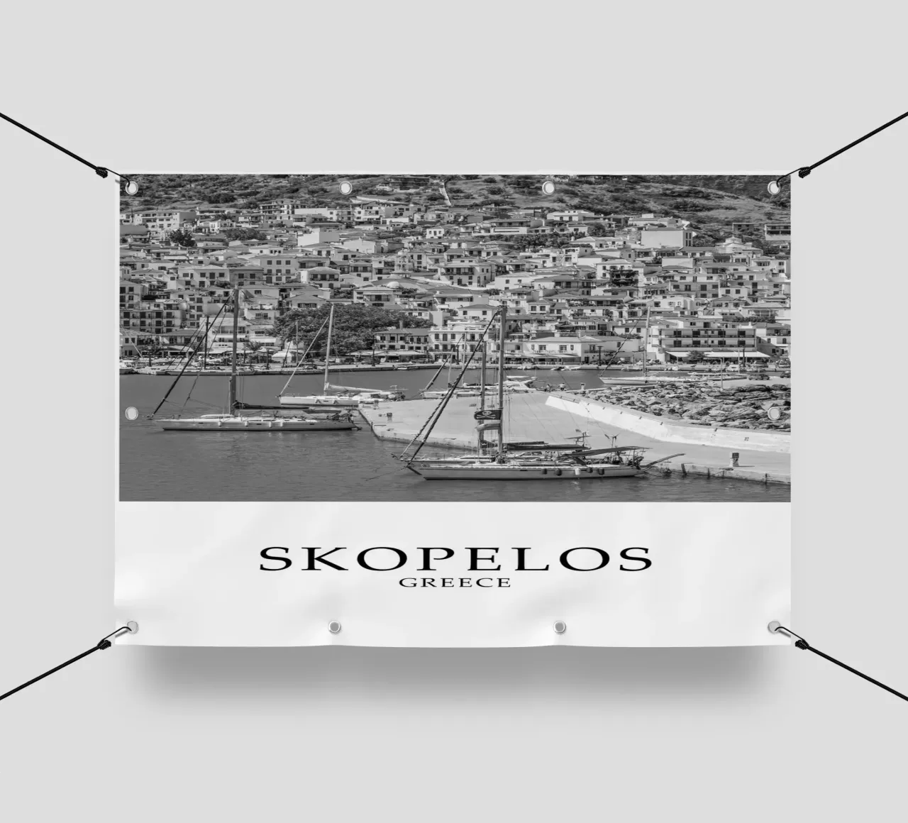 Skopelos Greece Coast and Architecture Scene Greyscale telo in pvc da Charnwood Prints