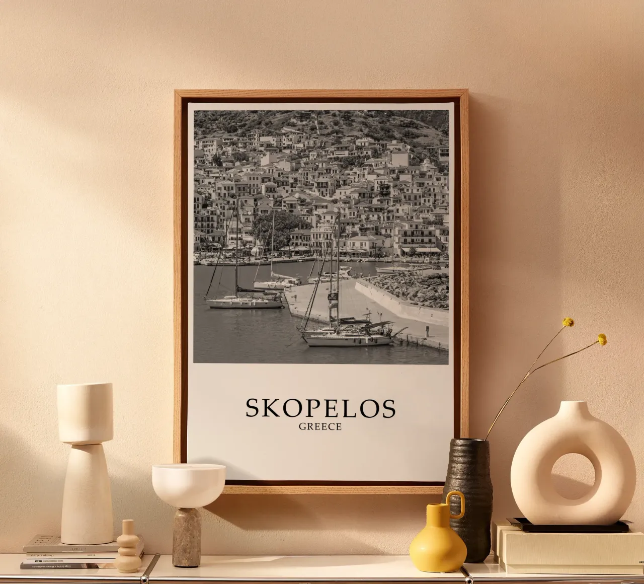 Skopelos Greece Coast and Architecture Scene Greyscale canvas met Baklijst van Charnwood Prints