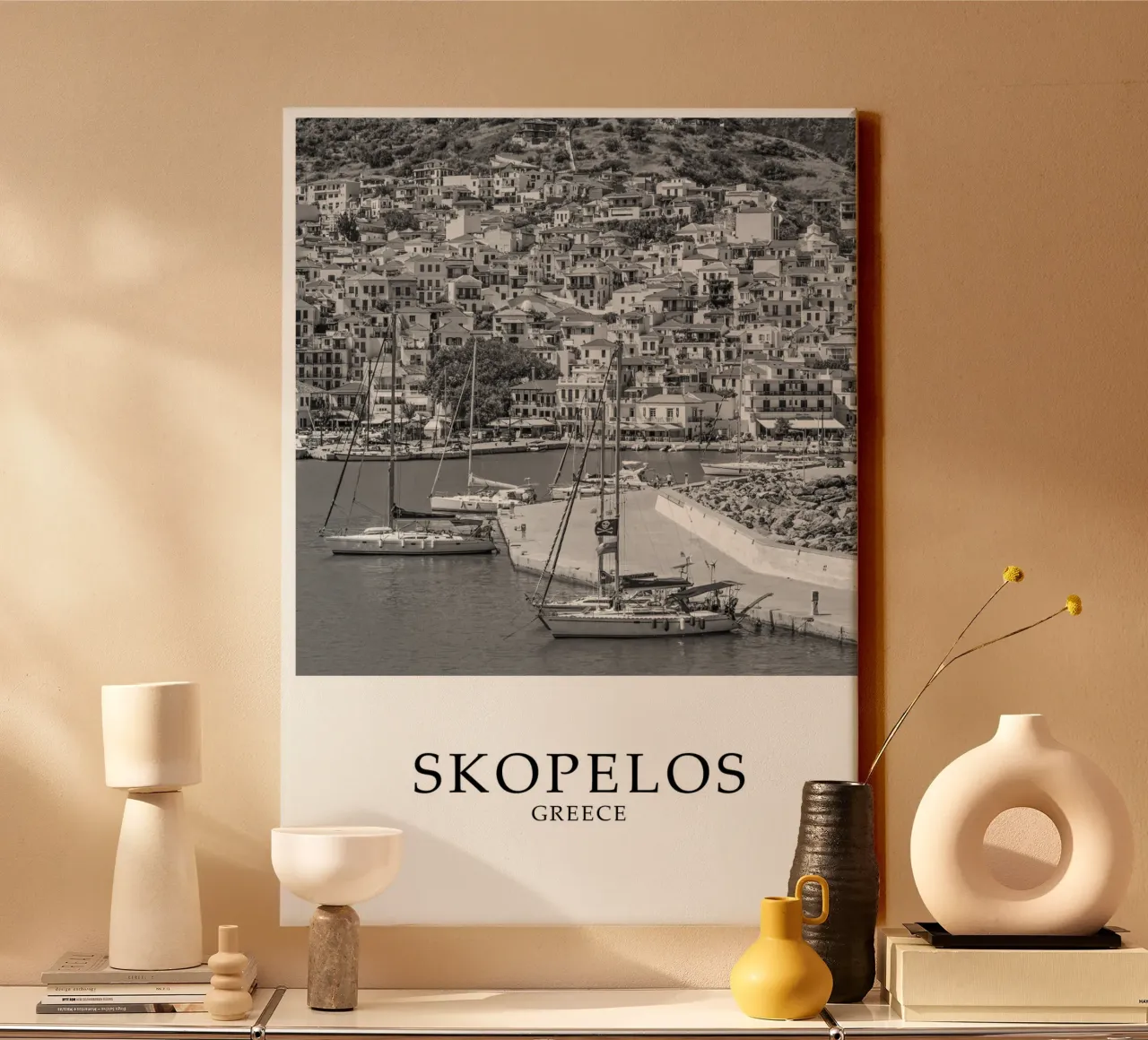 Skopelos Greece Coast and Architecture Scene Greyscale canvas met Baklijst van Charnwood Prints