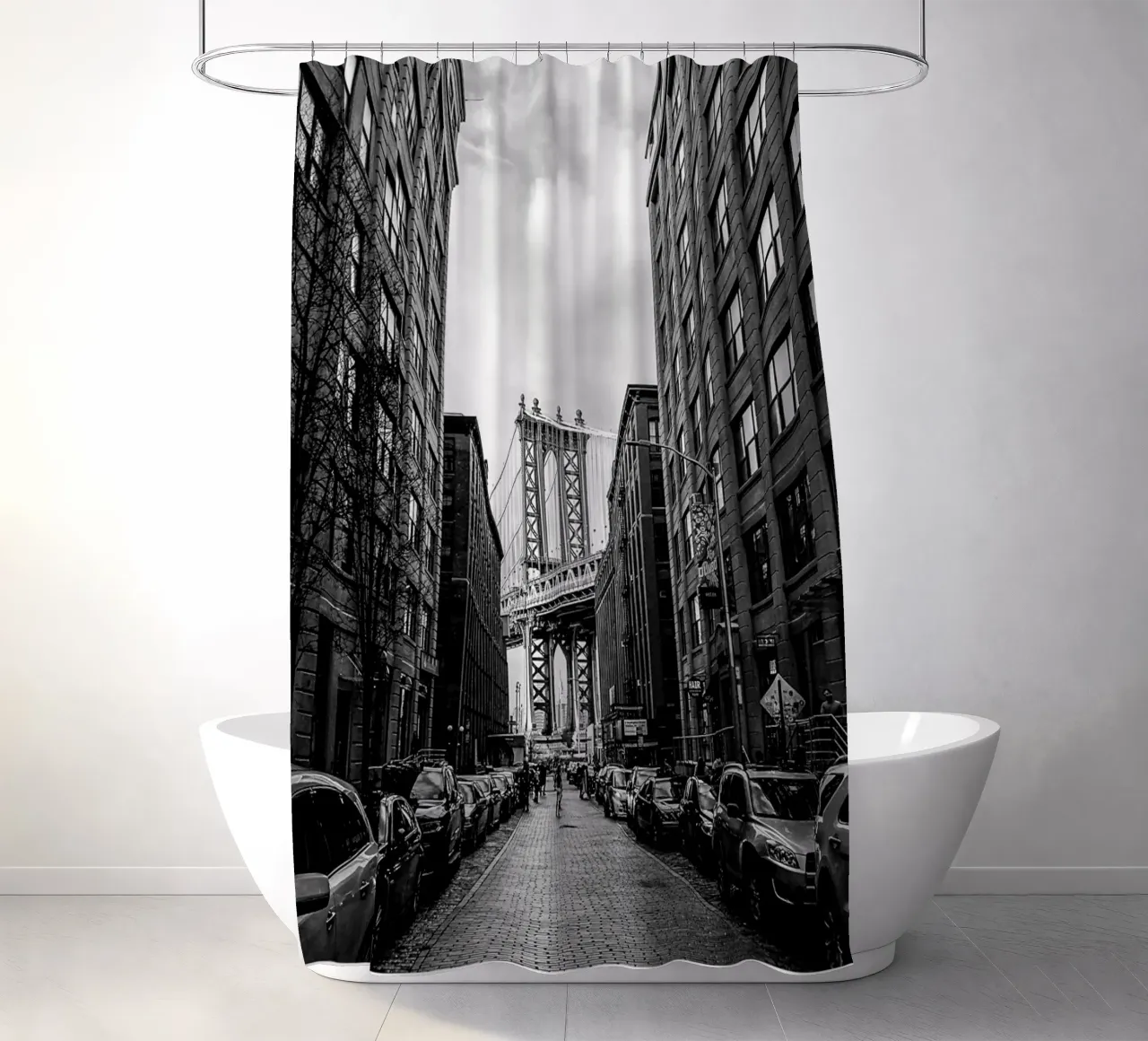 New York City Architecture Scene Greyscale tenda da doccia da Charnwood Prints
