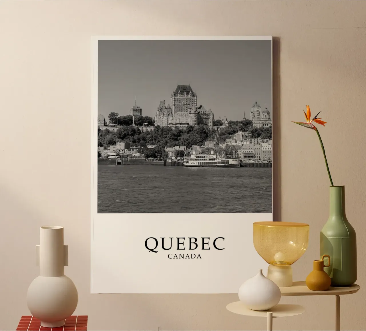 Quebec Canada Cityscape Scene Greyscale canvas by Charnwood Prints