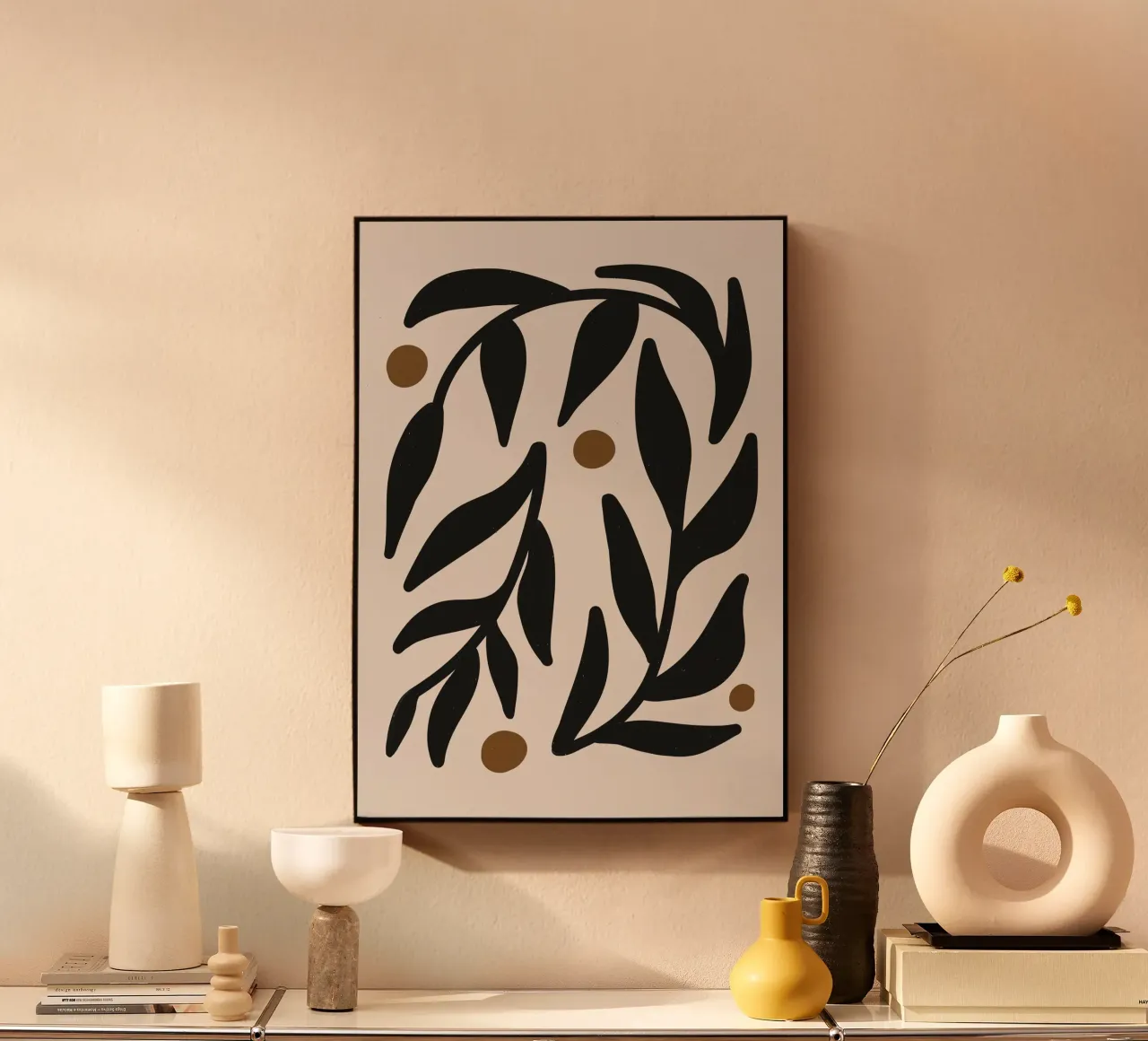 Foglie astratte minimaliste Mid-Century Boho Beige Nero alluminio dibond da This Wild Soul - Illustration