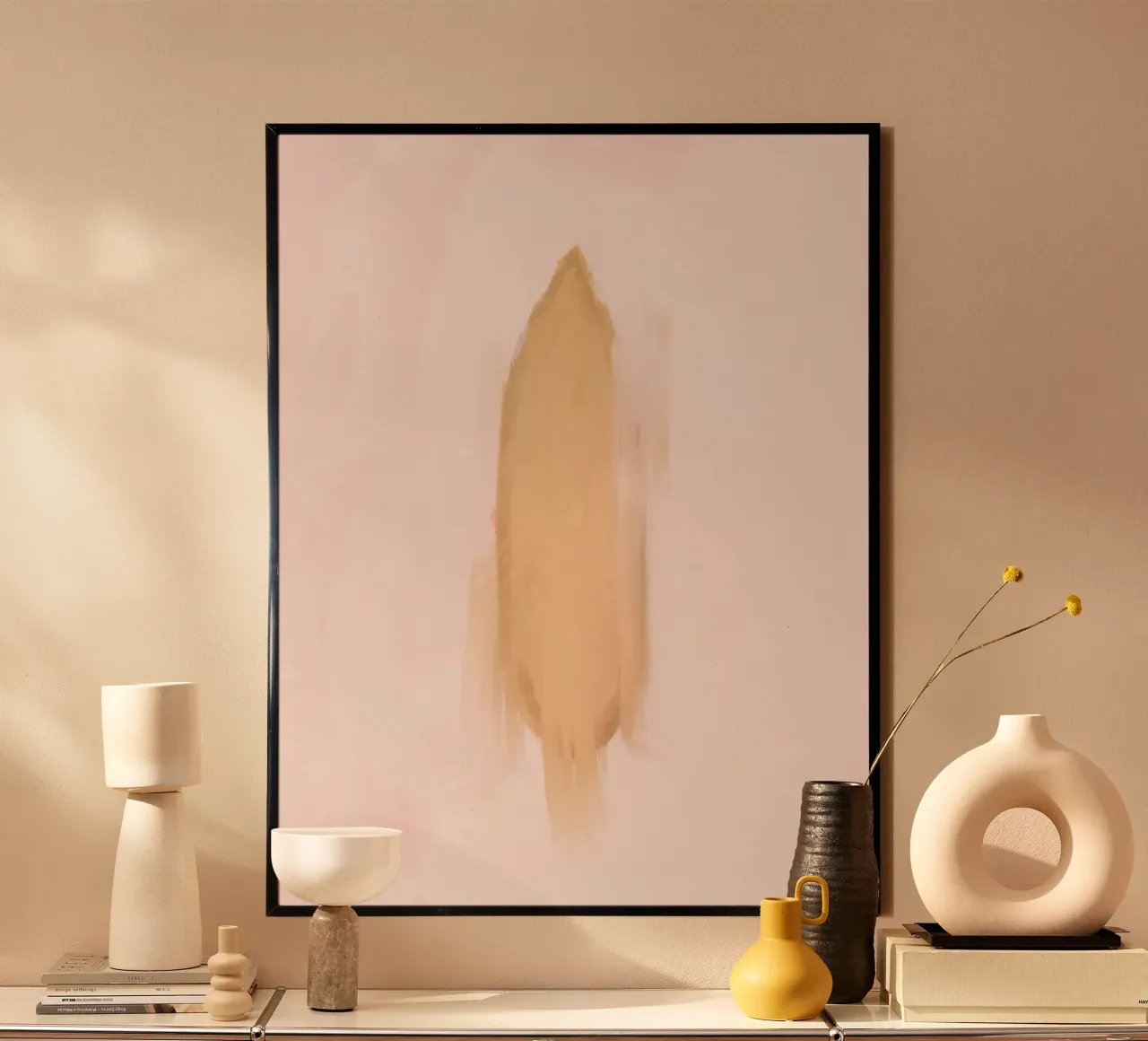 Boho Abstrakt Minimalistisch Pastell Rosa Gelb Surfbrett Poster mit Kunststoffrahmen von This Wild Soul - Illustration
