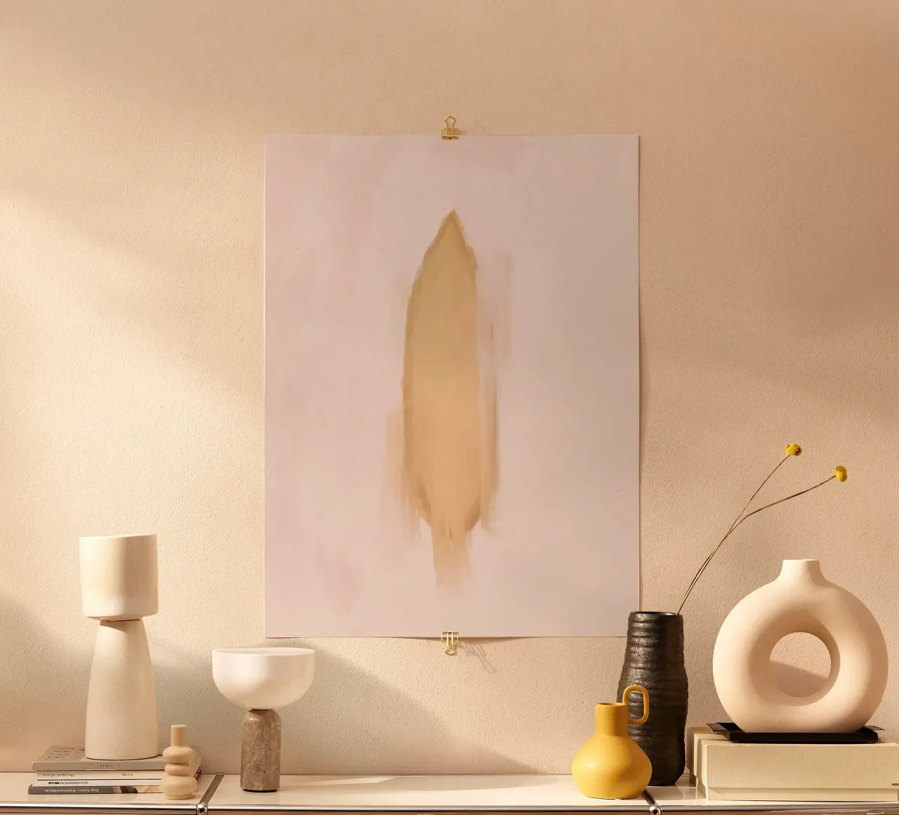 Boho Abstrakt Minimalistisch Pastell Rosa Gelb Surfbrett Poster mit Kunststoffrahmen von This Wild Soul - Illustration