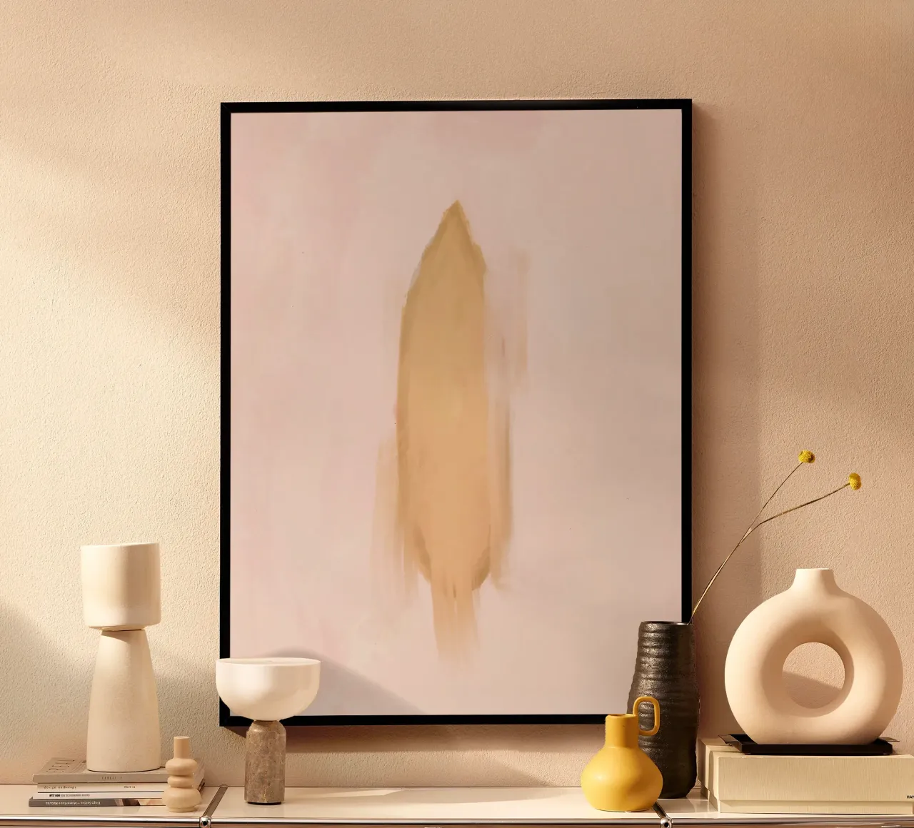 Boho Abstrakt Minimalistisch Pastell Rosa Gelb Surfbrett Poster mit Kunststoffrahmen von This Wild Soul - Illustration