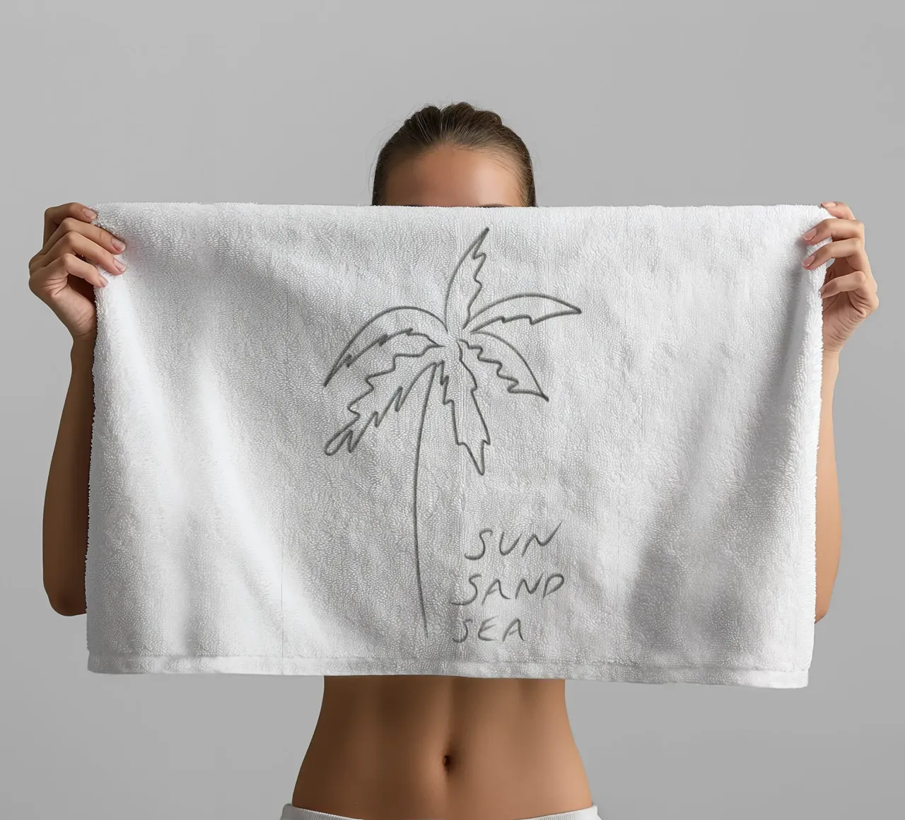 Line Art minimalista in bianco e nero Palma Sole Sabbia Mare asciugamano da bagno da This Wild Soul - Illustration