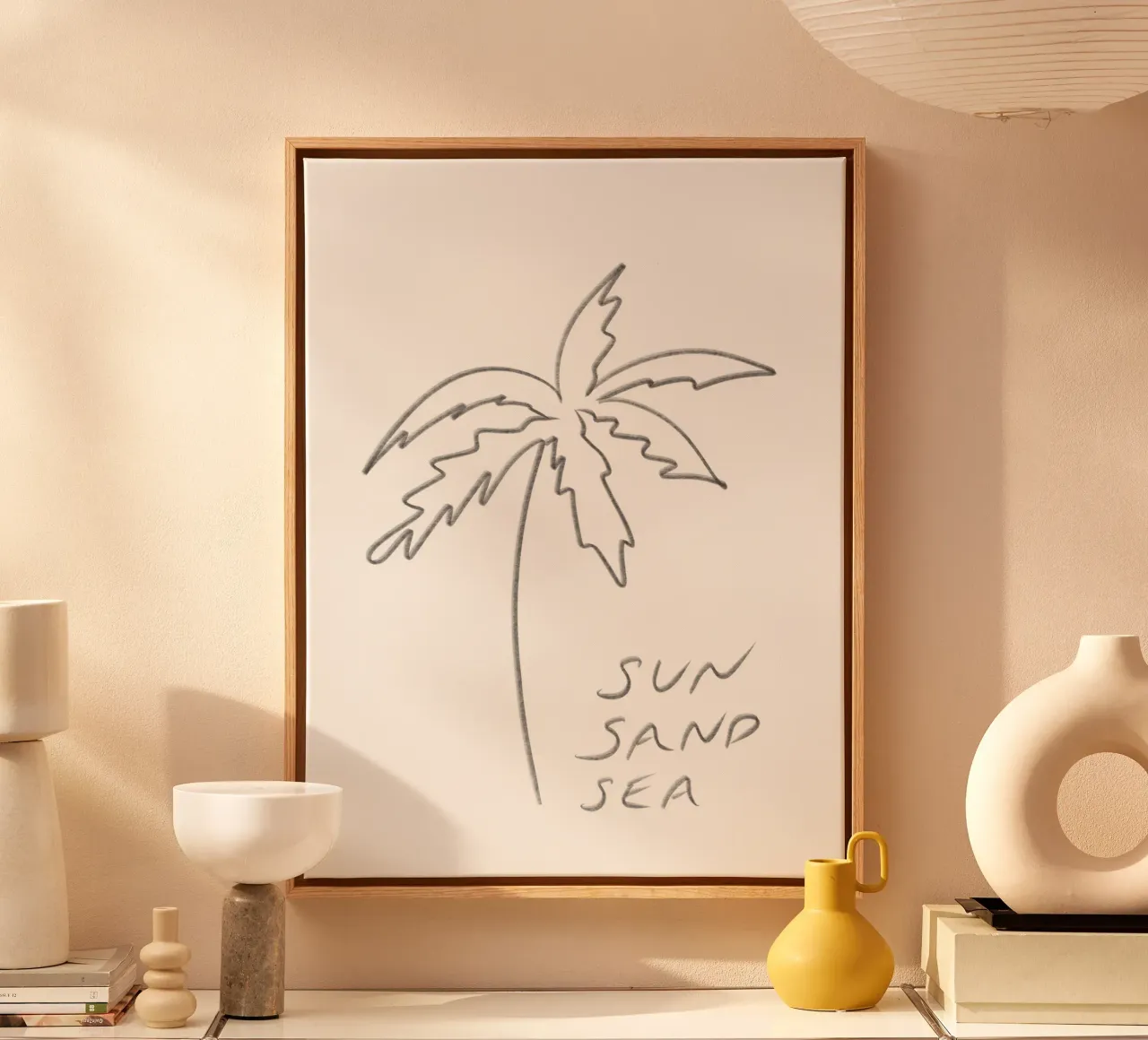 Minimalistische Lijn Art Zwart Wit Palmboom Zon Zand Zee canvas van This Wild Soul - Illustration
