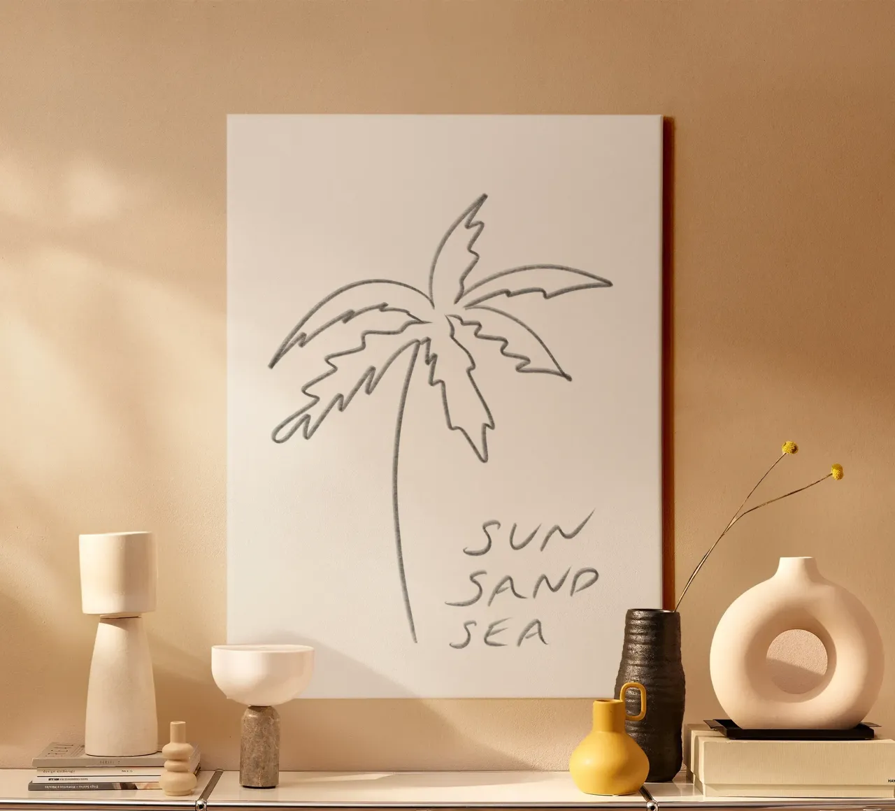 Minimalistische Lijn Art Zwart Wit Palmboom Zon Zand Zee canvas van This Wild Soul - Illustration