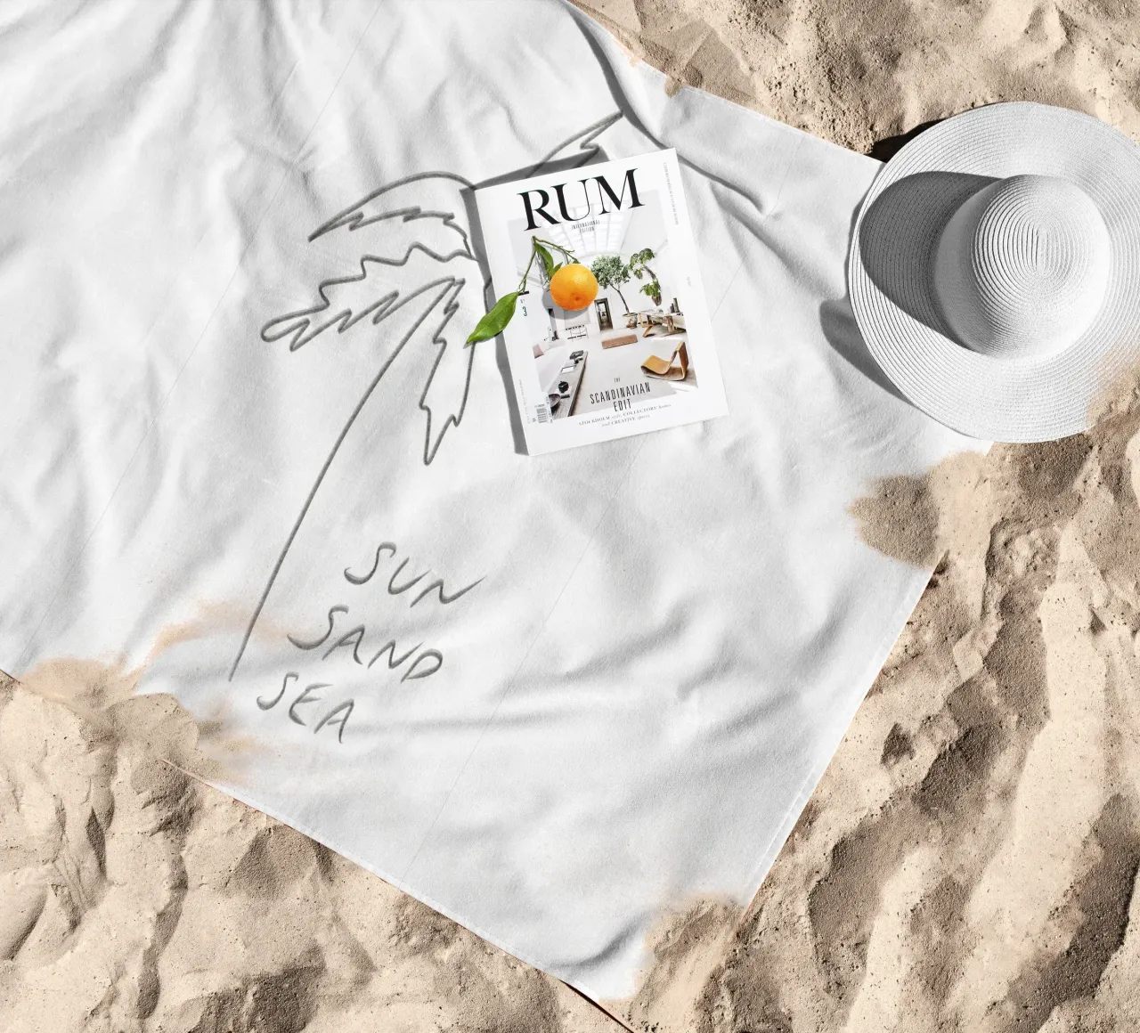 Line Art minimalista in bianco e nero Palma Sole Sabbia Mare telo mare da This Wild Soul - Illustration