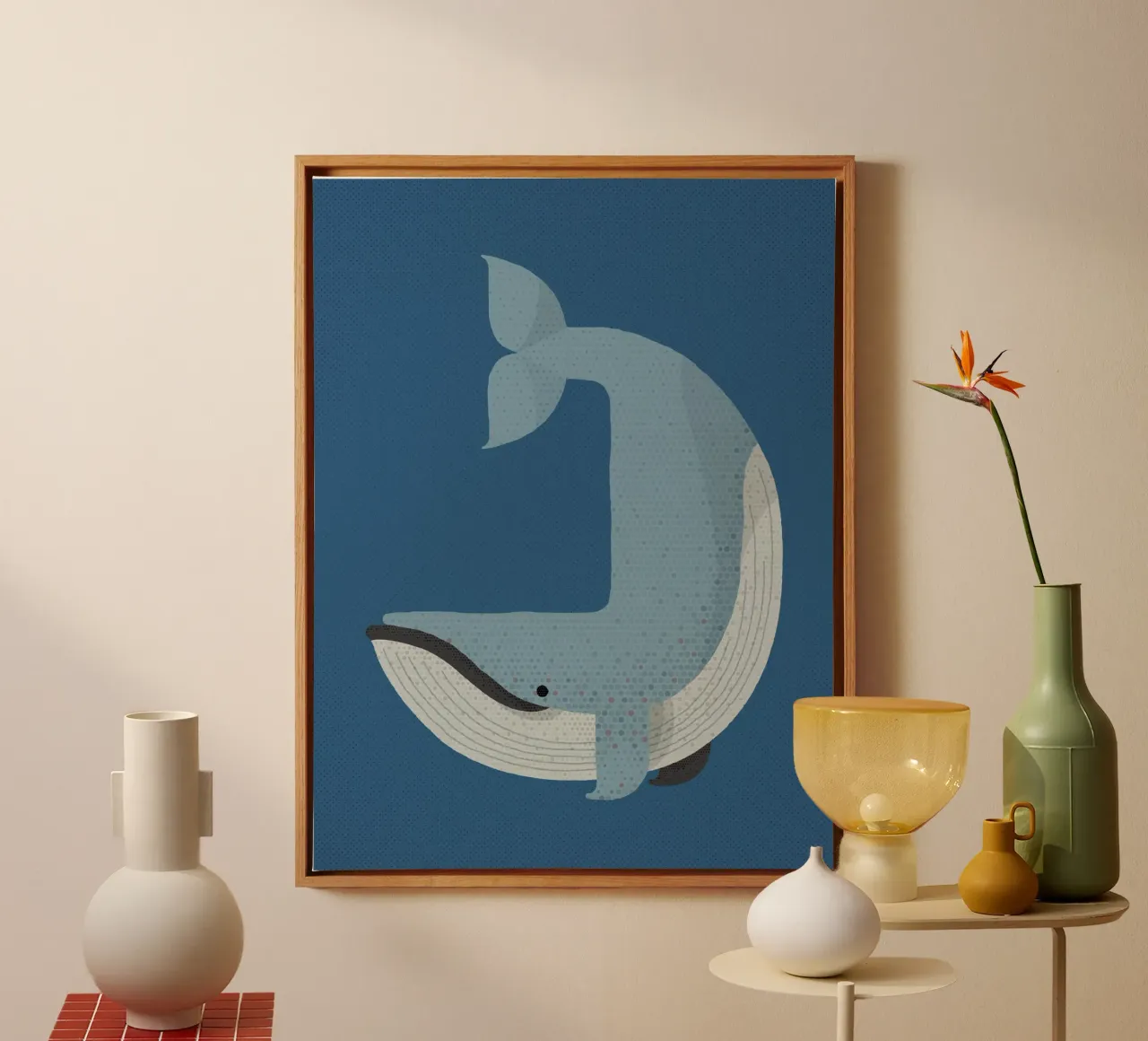 Capricho Ballena azul lienzo con Marco flotante de The Printed Sparrow