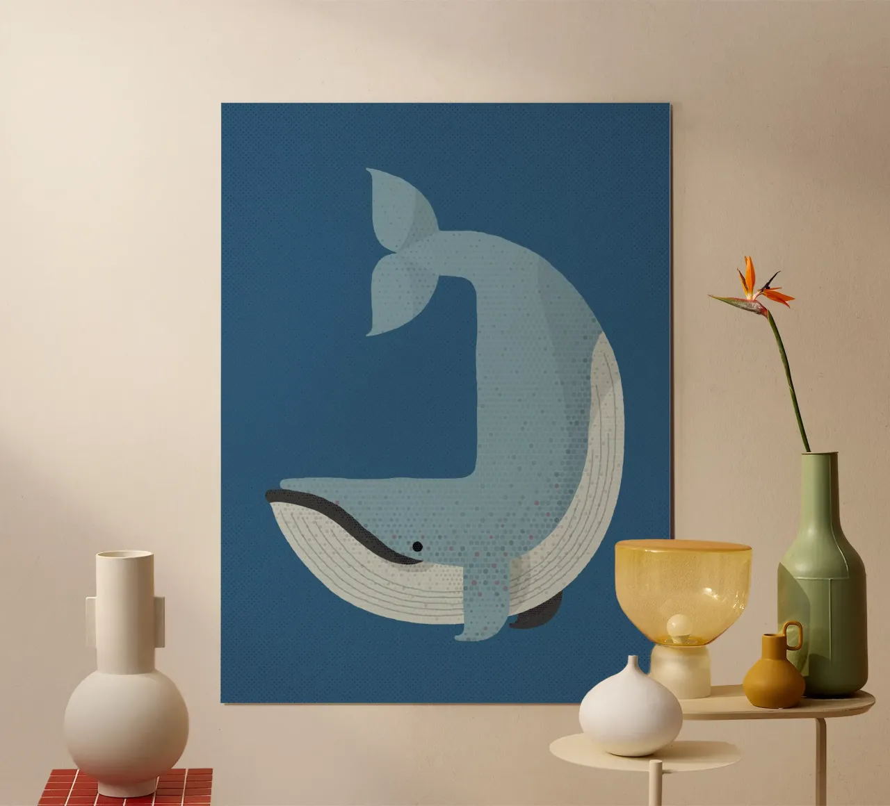 Balena blu capricciosa poster con telaio in legno da The Printed Sparrow