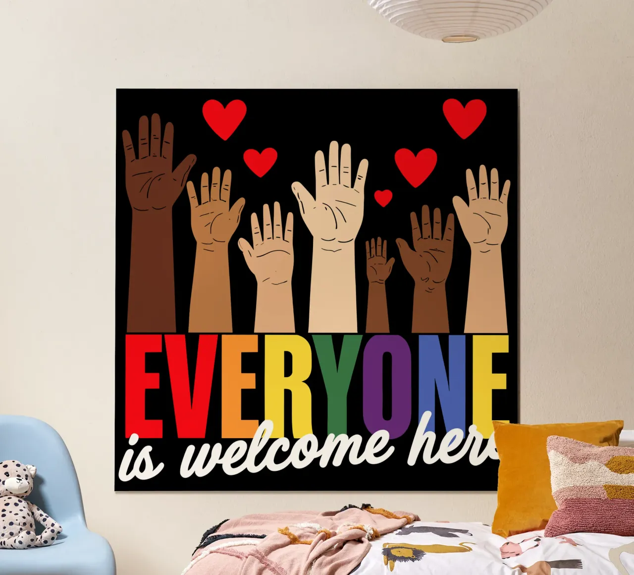 Qui tutti sono benvenuti V9 poster con telaio in legno da heatherloulin