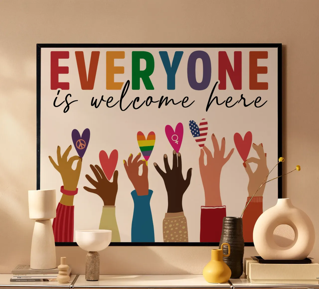 Qui tutti sono benvenuti V10 poster con telaio in plastica da heatherloulin