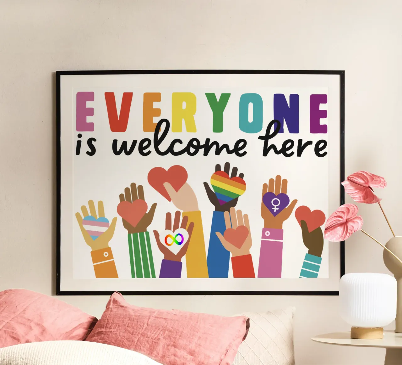 Qui tutti sono benvenuti V11 poster con telaio in legno da heatherloulin