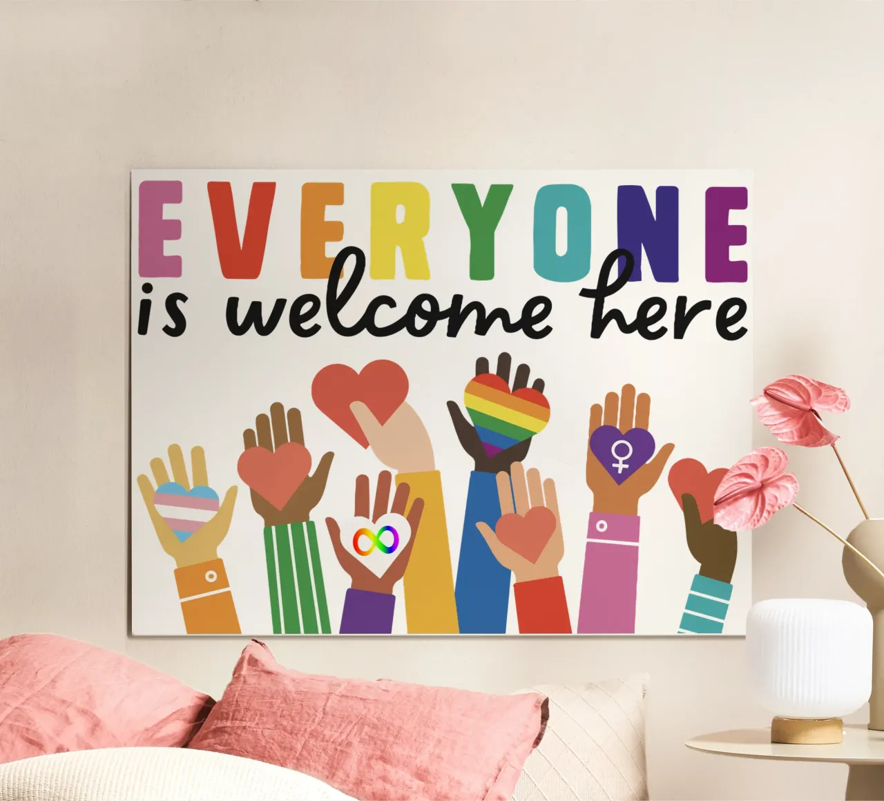 Qui tutti sono benvenuti V11 poster con telaio in legno da heatherloulin