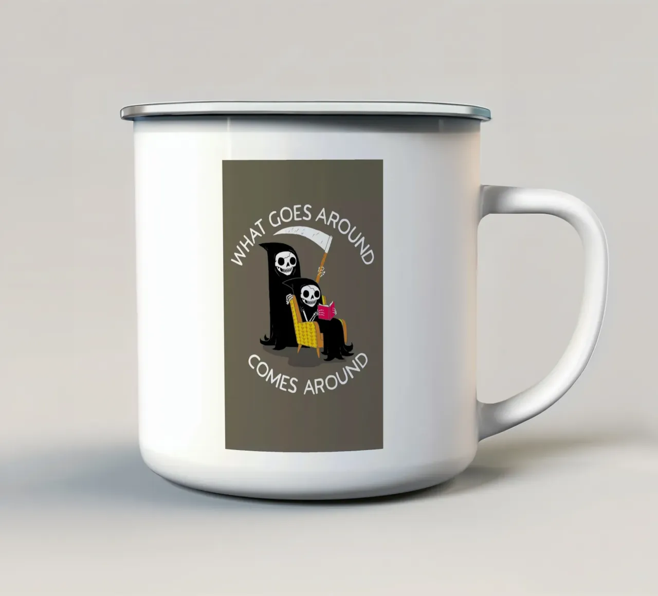What Goes Around taza de esmalte de DinoMike