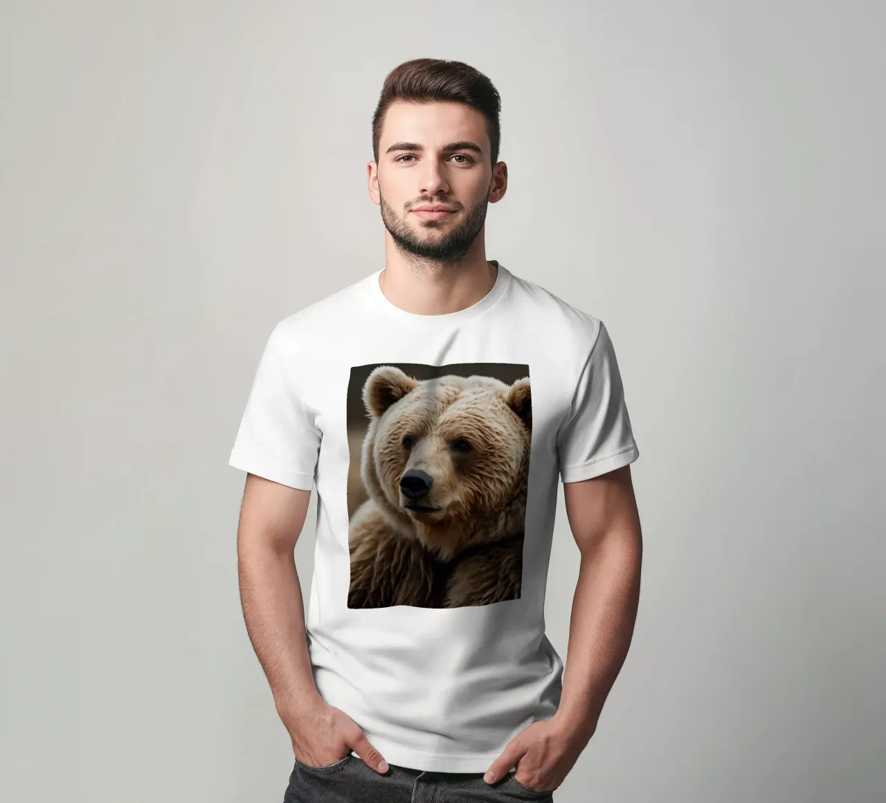 A close-up view of a brown bear resting in a grassy field t-shirt by DesignDoodle