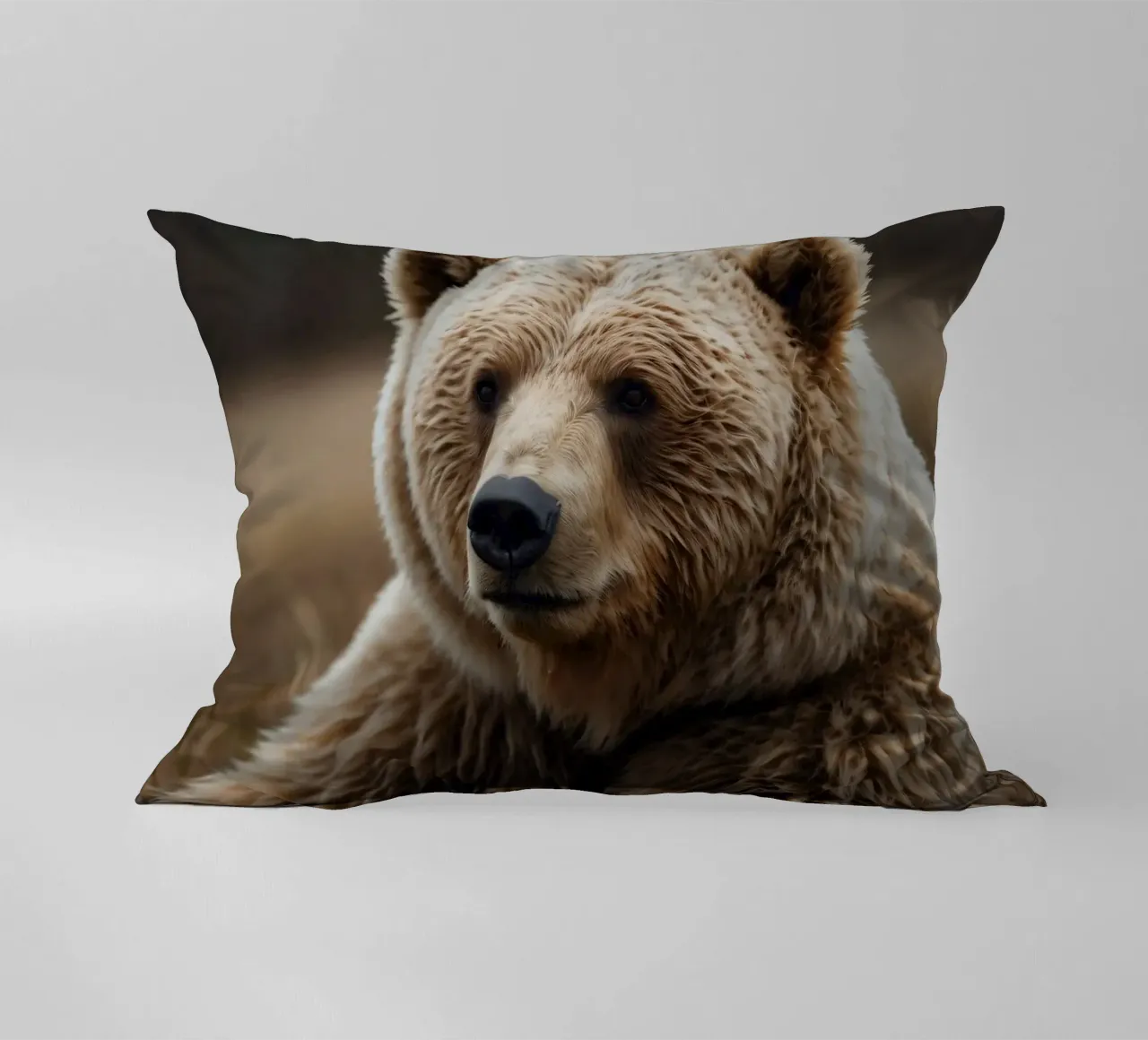Vue rapprochée d'un ours brun se reposant dans un champ herbeux. coussin de DesignDoodle